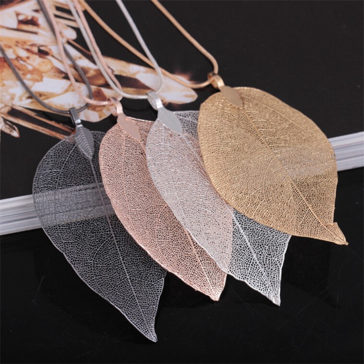 Women's Plated Leaf Pendant Sweater Chain Long Necklace Fashion Jewelry - Grey-3
