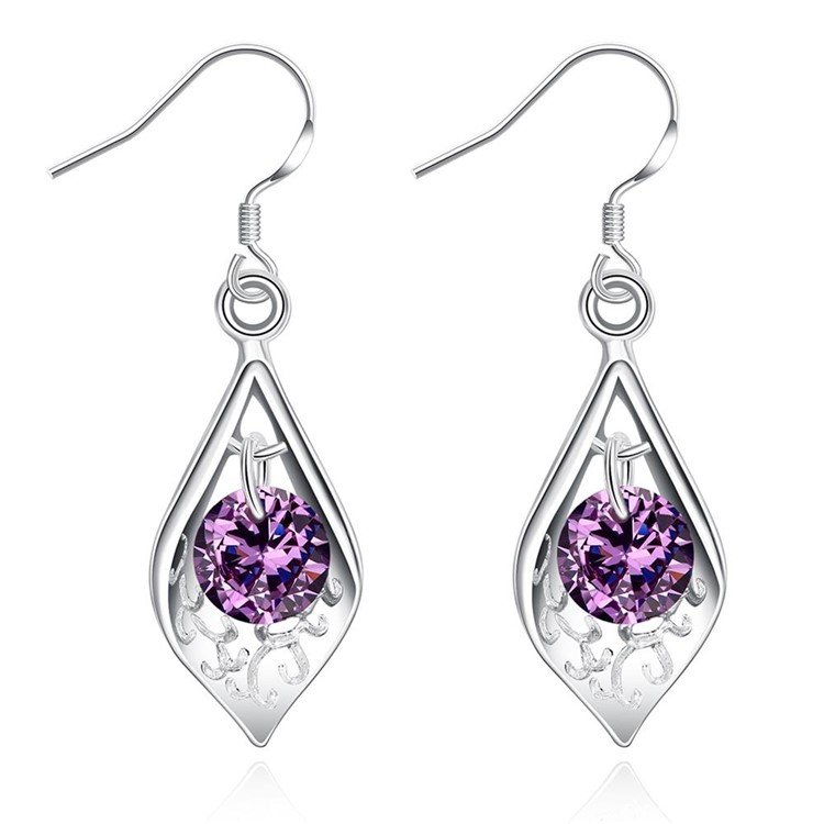 Purple Crystal Inlaid Plated Hook Dangle Earrings-1