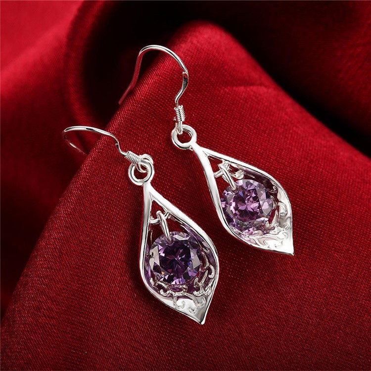 Purple Crystal Inlaid Plated Hook Dangle Earrings-3