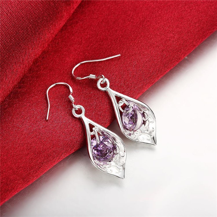 Purple Crystal Inlaid Plated Hook Dangle Earrings-4