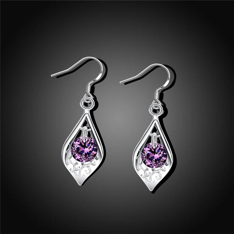 Purple Crystal Inlaid Plated Hook Dangle Earrings-5
