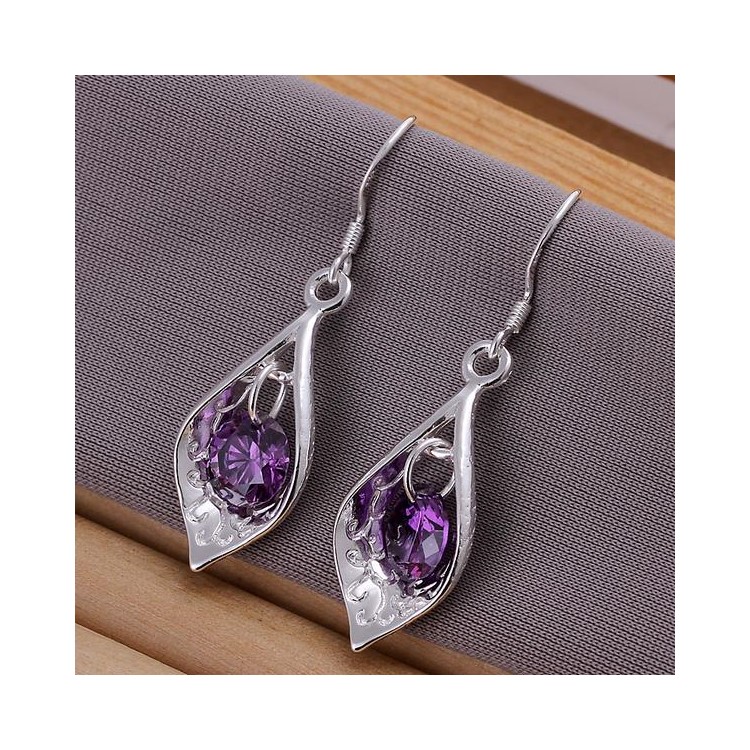 Purple Crystal Inlaid Plated Hook Dangle Earrings-8
