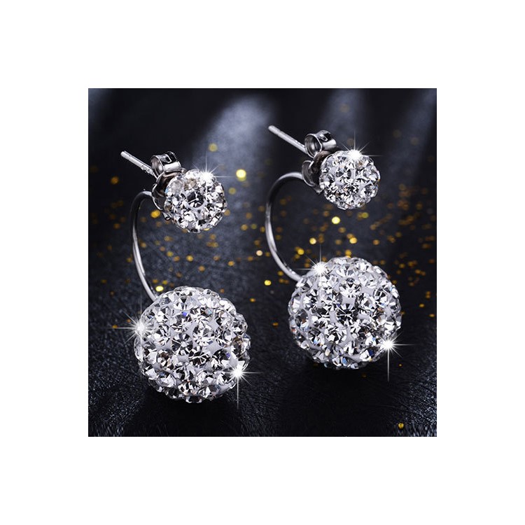 Bling Bling Double Diamante Balls Ear Studs Anti-allergy Silver Color Plated Push-back Earrings for Women-2