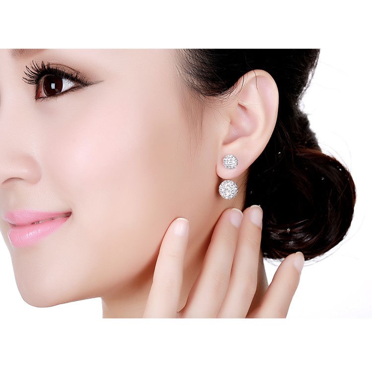 Bling Bling Double Diamante Balls Ear Studs Anti-allergy Silver Color Plated Push-back Earrings for Women-5