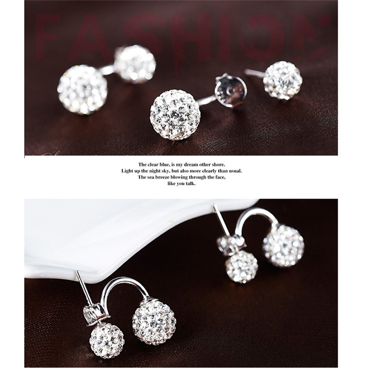 Bling Bling Double Diamante Balls Ear Studs Anti-allergy Silver Color Plated Push-back Earrings for Women-8