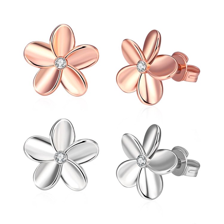 Trendy Czech Diamond Simple Flower Stud Earrings for Women - Rose Gold Plated-2
