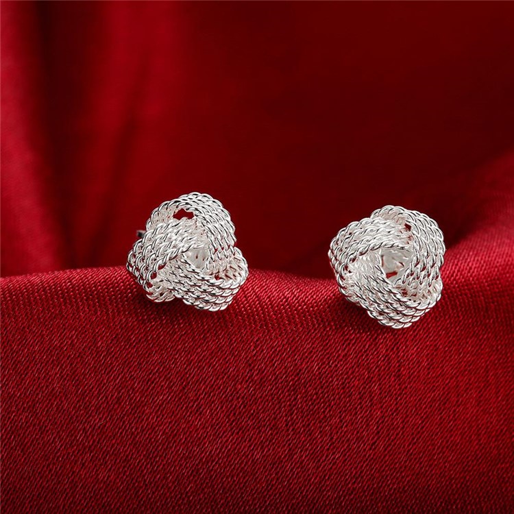 E013 Simple Silver Plated Twisted Love Knot Lady Earrings-3