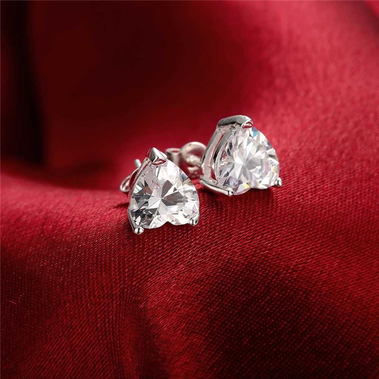 Silver Plated Heart Cubic Zirconia Earrings Ear Studs-3