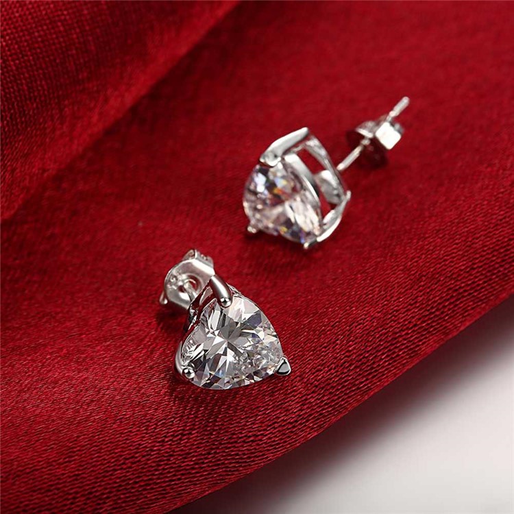 Silver Plated Heart Cubic Zirconia Earrings Ear Studs-4