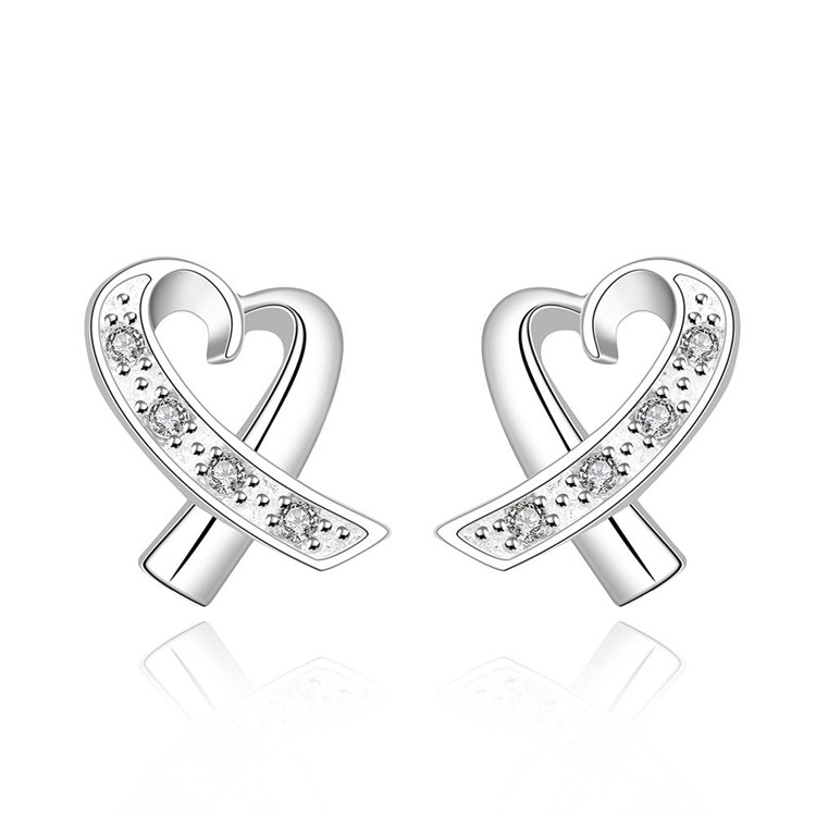 Heart Shaped Zircon Earrings Silver Plated Ear Studs-1