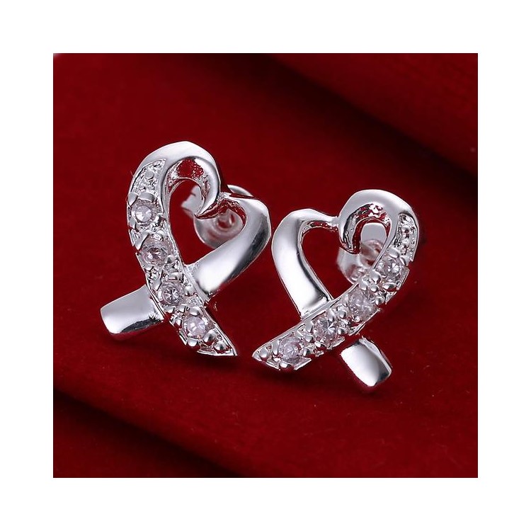 Heart Shaped Zircon Earrings Silver Plated Ear Studs-3