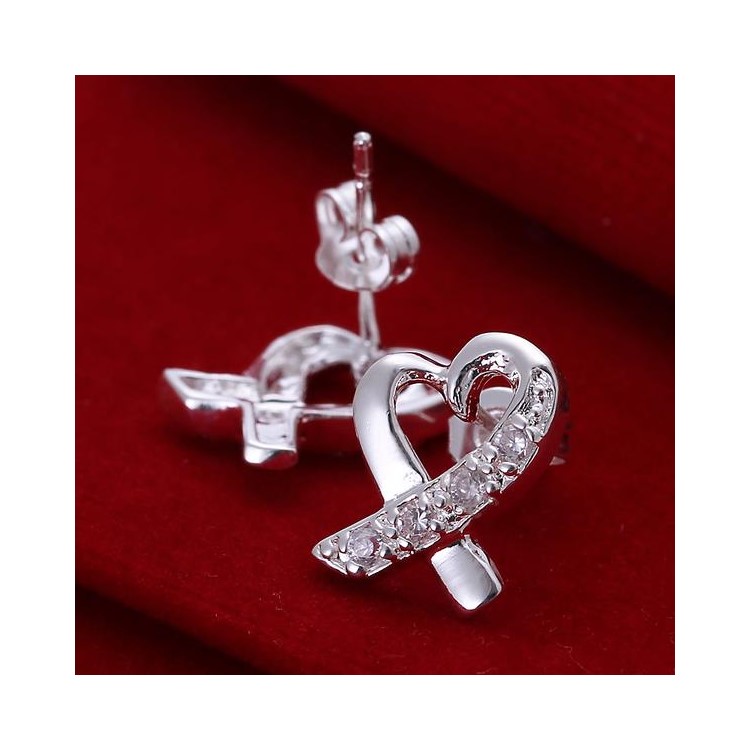 Heart Shaped Zircon Earrings Silver Plated Ear Studs-5