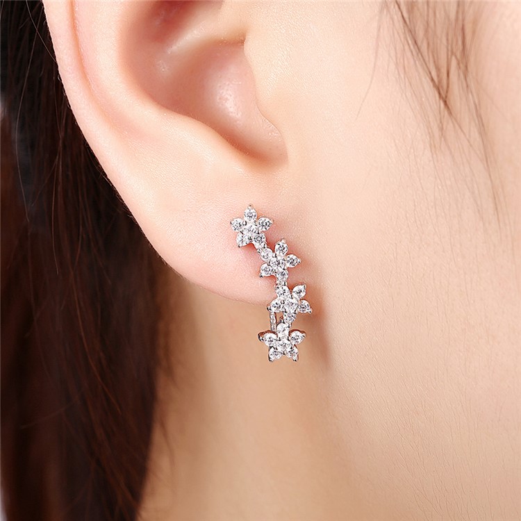 925 Sterling Silver Cubic Zirconia Flower Hook Earrings-3