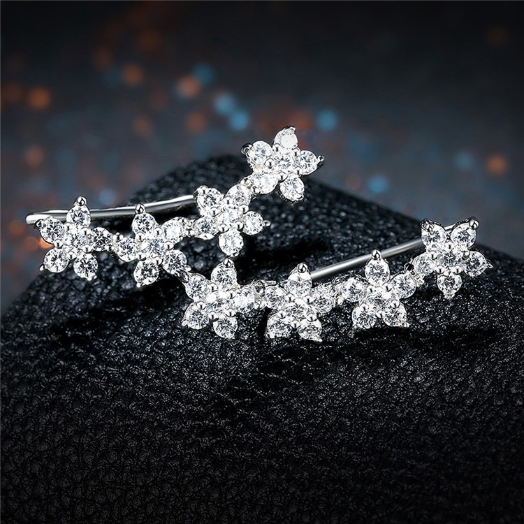 925 Sterling Silver Cubic Zirconia Flower Hook Earrings-4