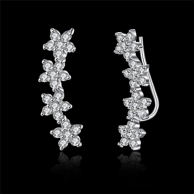925 Sterling Silver Cubic Zirconia Flower Hook Earrings-8