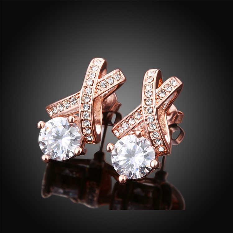 Women Rose Gold Plated Hollow Geometrical Shape Zirconia Stud Earrings-4