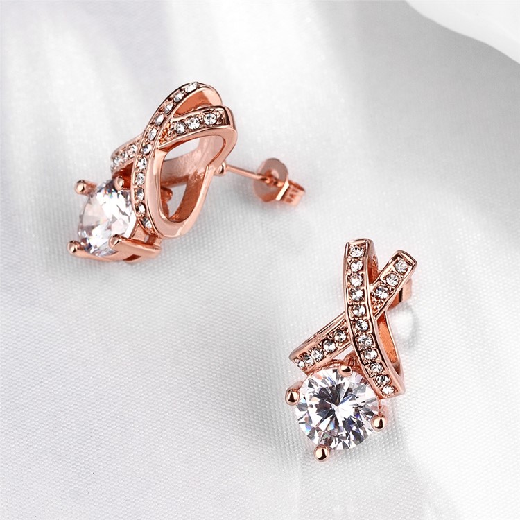 Women Rose Gold Plated Hollow Geometrical Shape Zirconia Stud Earrings-5