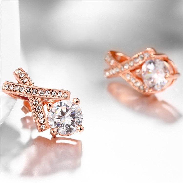 Women Rose Gold Plated Hollow Geometrical Shape Zirconia Stud Earrings-6