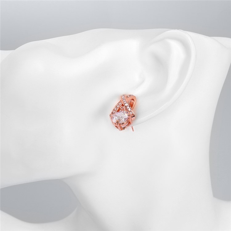 Women Rose Gold Plated Hollow Geometrical Shape Zirconia Stud Earrings-7