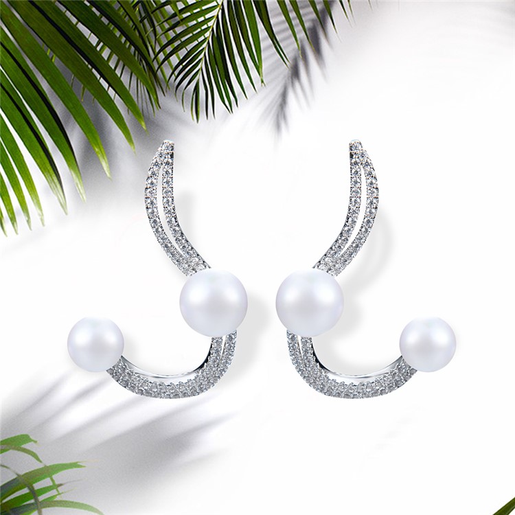 Women's Silver Plated Zircon Pearl Earrings Dangle Jewelry-1