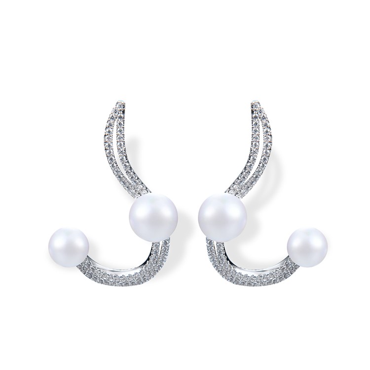 Women's Silver Plated Zircon Pearl Earrings Dangle Jewelry-2