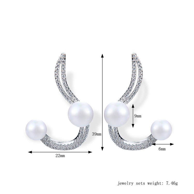Women's Silver Plated Zircon Pearl Earrings Dangle Jewelry-3