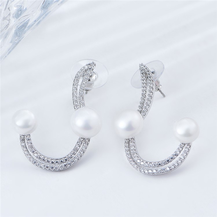 Women's Silver Plated Zircon Pearl Earrings Dangle Jewelry-4