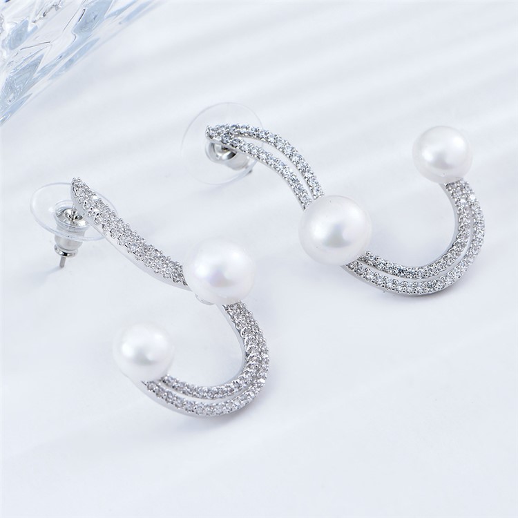 Women's Silver Plated Zircon Pearl Earrings Dangle Jewelry-5