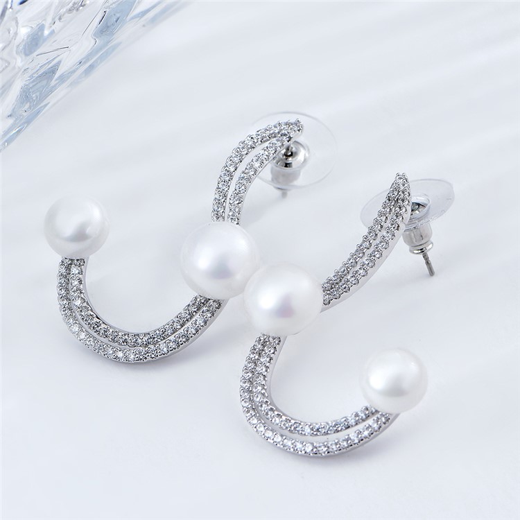 Women's Silver Plated Zircon Pearl Earrings Dangle Jewelry-6