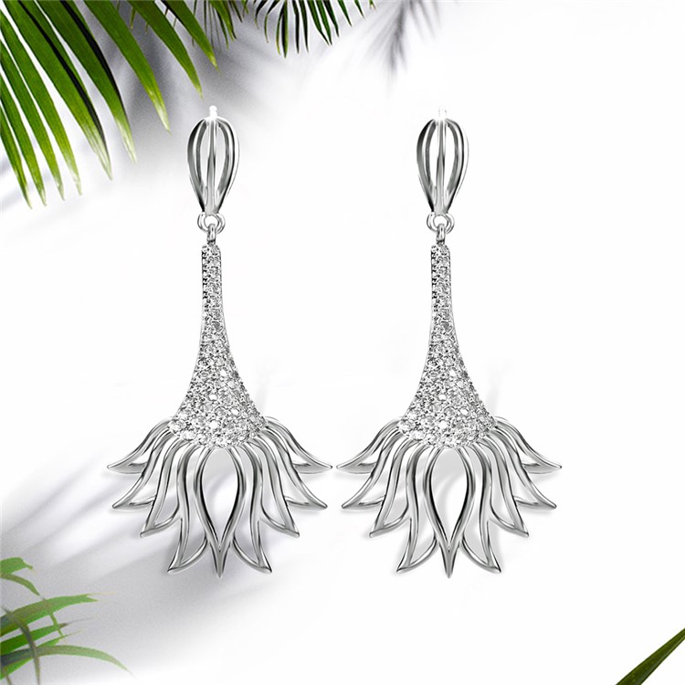 Flower Shape Plated Zircon Earrings Drop Earrings for Women - Silver-1