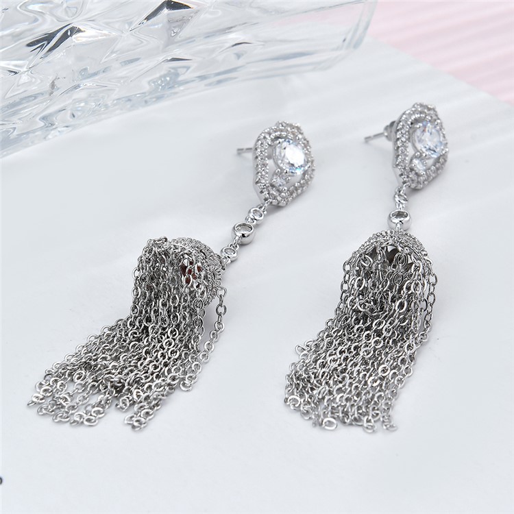 Chains Shape Plated Zircon Earrings Drop Earrings for Women - Silver-4