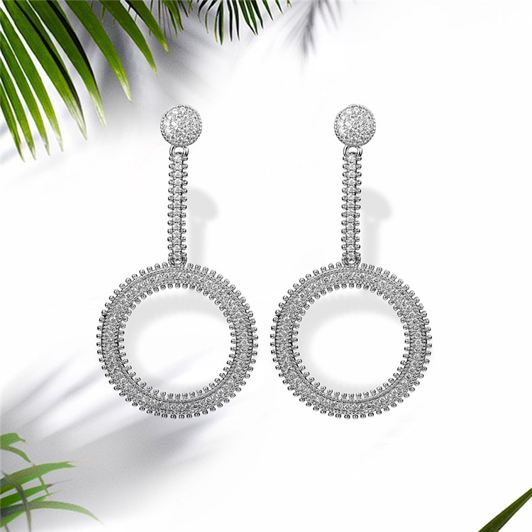 Circle Shape Copper Plated Zircon Earrings Drop Earrings for Women - Silver-1