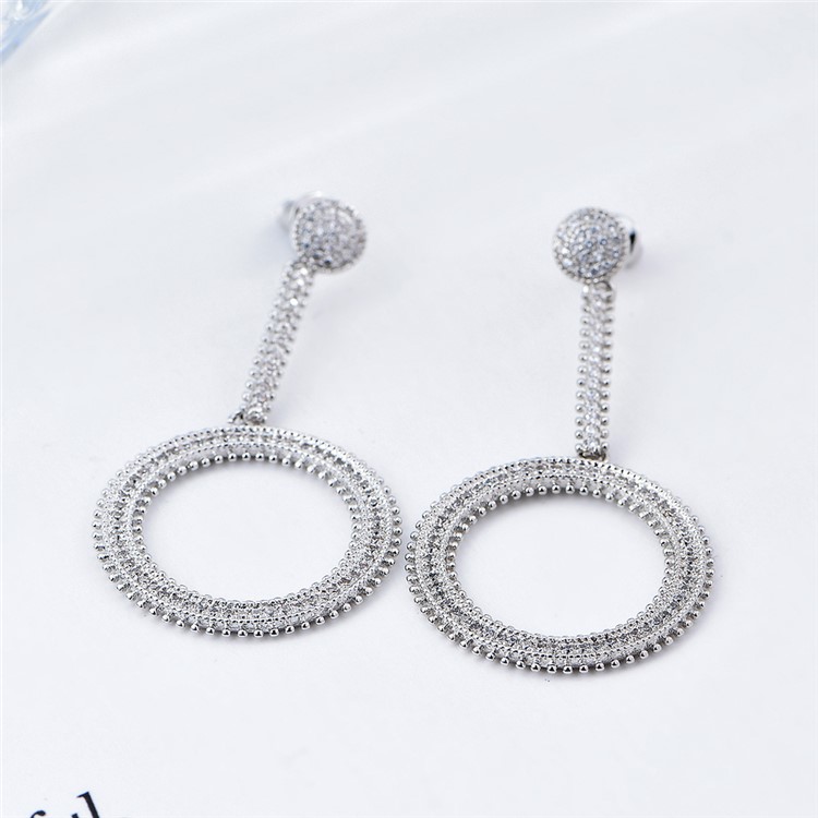 Circle Shape Copper Plated Zircon Earrings Drop Earrings for Women - Silver-4