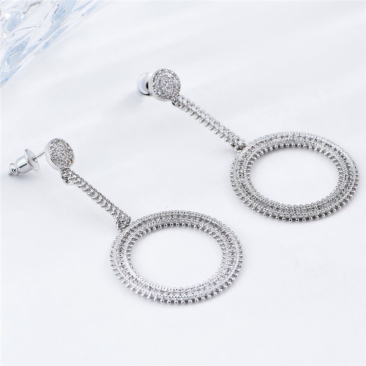 Circle Shape Copper Plated Zircon Earrings Drop Earrings for Women - Silver-5