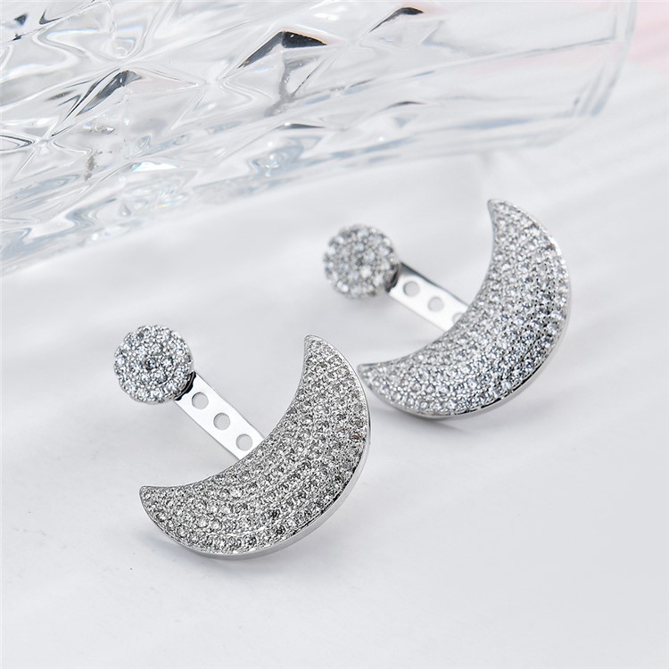 Crescent Moon Shape Copper Plated Zircon Earrings Drop Earrings for Women - Silver-4