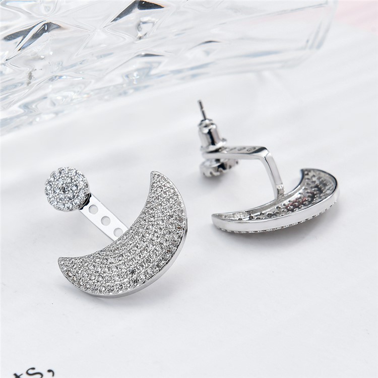 Crescent Moon Shape Copper Plated Zircon Earrings Drop Earrings for Women - Silver-5