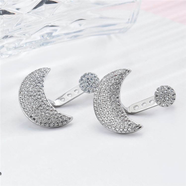 Crescent Moon Shape Copper Plated Zircon Earrings Drop Earrings for Women - Silver-6