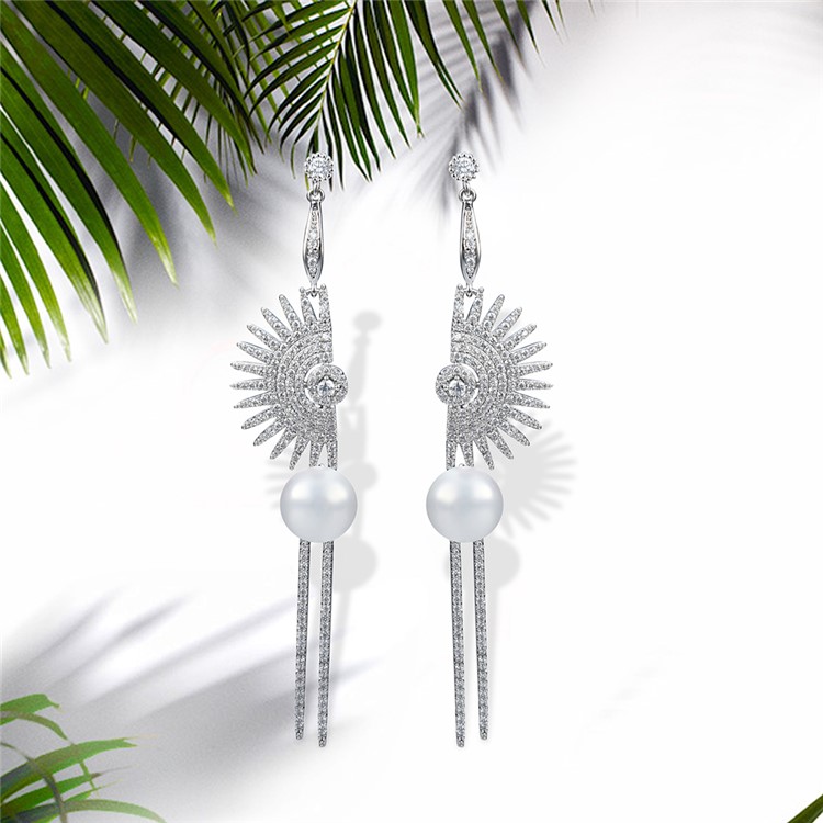 Fan-shaped Pearl Women's Silver Plated Fashion Zircon Earrings-1