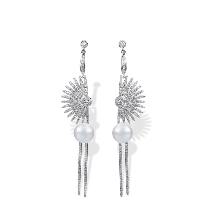 Fan-shaped Pearl Women's Silver Plated Fashion Zircon Earrings-2