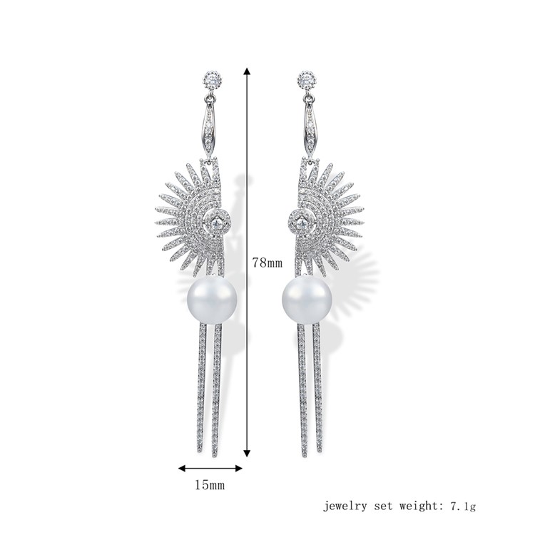 Fan-shaped Pearl Women's Silver Plated Fashion Zircon Earrings-3