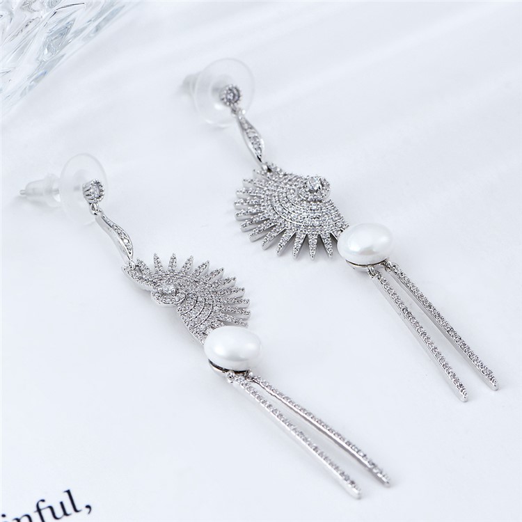 Fan-shaped Pearl Women's Silver Plated Fashion Zircon Earrings-4