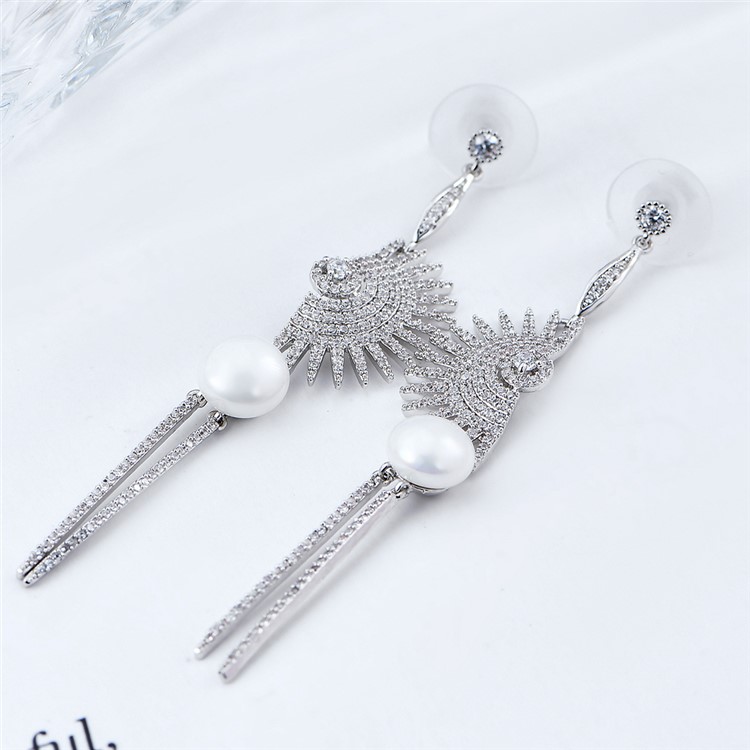 Fan-shaped Pearl Women's Silver Plated Fashion Zircon Earrings-5