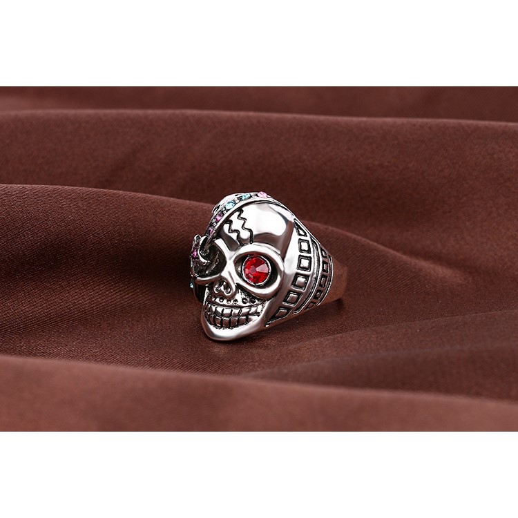 Retro Cool Skull Couple Style Punk Ring with Red Resin White Crystal Stone Decor - Size: 10-10