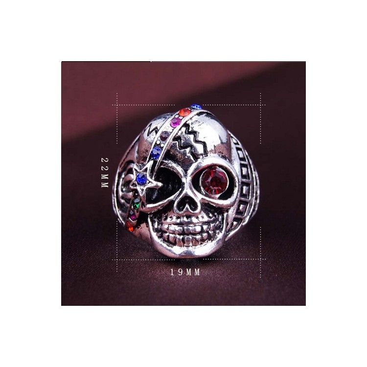Retro Cool Skull Couple Style Punk Ring with Red Resin White Crystal Stone Decor - Size: 10-2