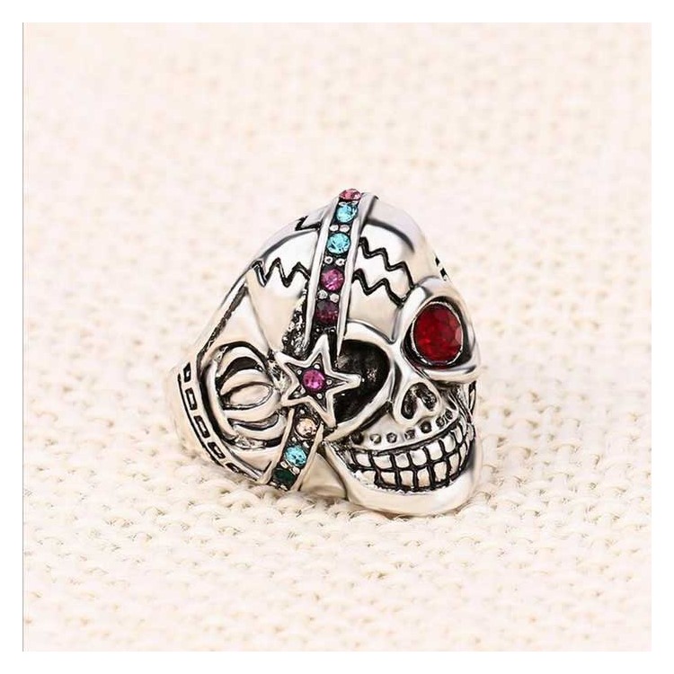Retro Cool Skull Couple Style Punk Ring with Red Resin White Crystal Stone Decor - Size: 10-3