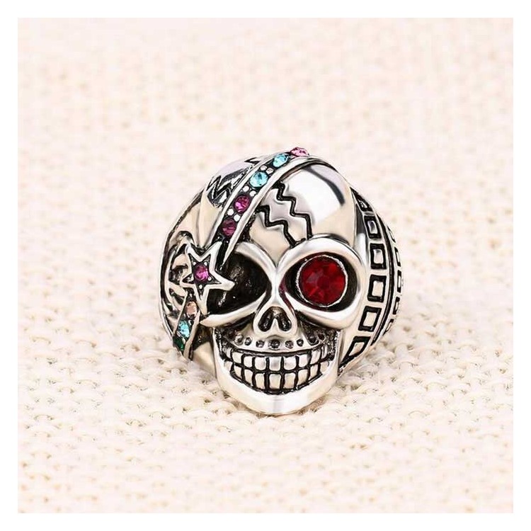 Retro Cool Skull Couple Style Punk Ring with Red Resin White Crystal Stone Decor - Size: 10-4