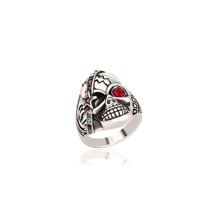 Retro Cool Skull Couple Style Punk Ring with Red Resin White Crystal Stone Decor - Size: 10-6