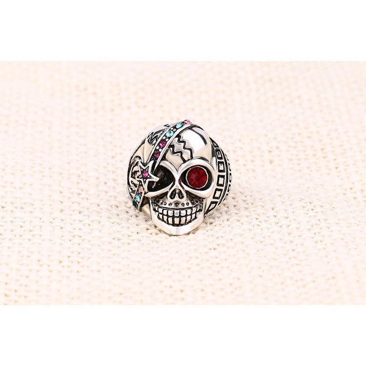 Retro Cool Skull Couple Style Punk Ring with Red Resin White Crystal Stone Decor - Size: 10-7
