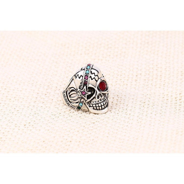 Retro Cool Skull Couple Style Punk Ring with Red Resin White Crystal Stone Decor - Size: 10-8