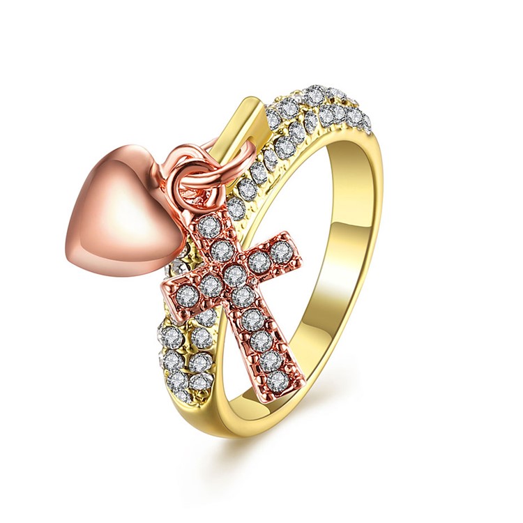 Cross Pattern Rhinestone Fashion Tin Alloy Ring, Size: 8 - Gold-1